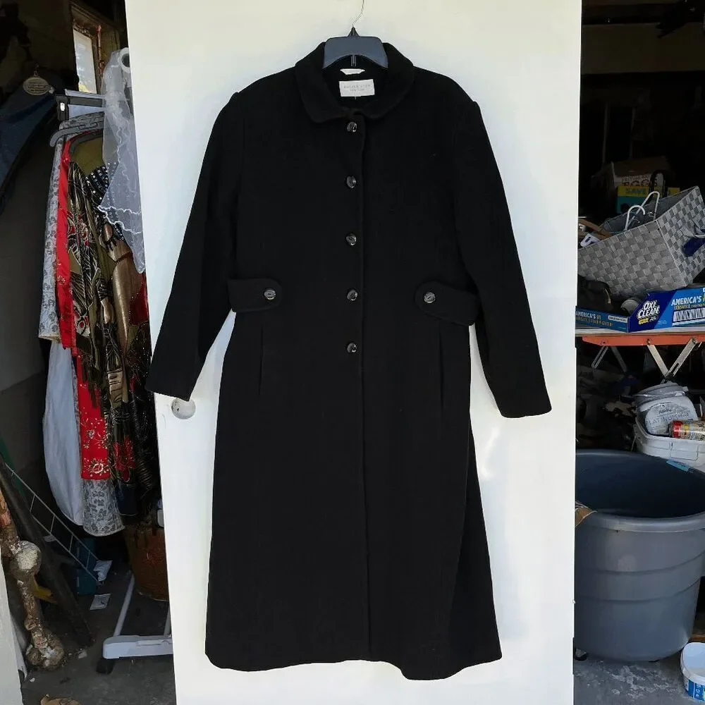 VTG Andrea Berm Black Wool Blend Long Coat L Classic 80s Minimalist